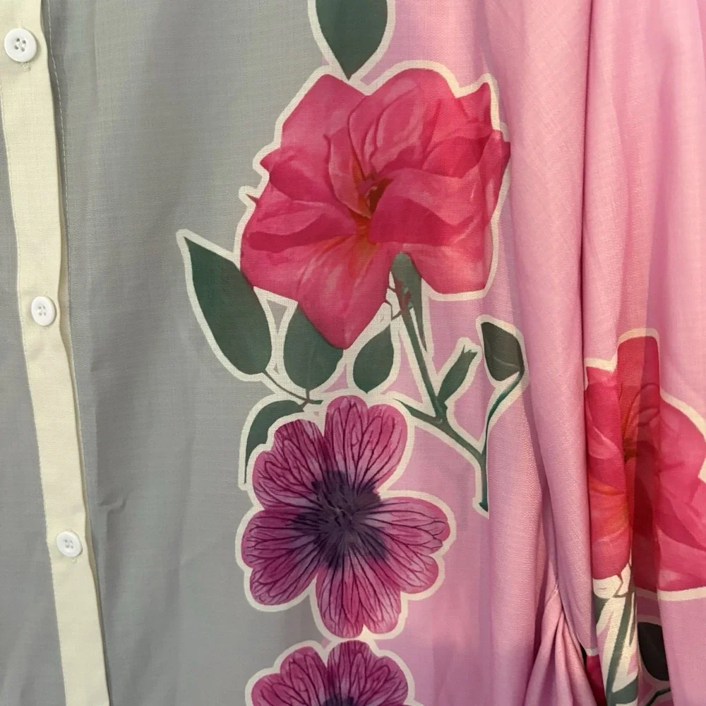 SundayUp Floral Print Linen Blend Maxi‎ Dress Shirt Dress Women's Size S